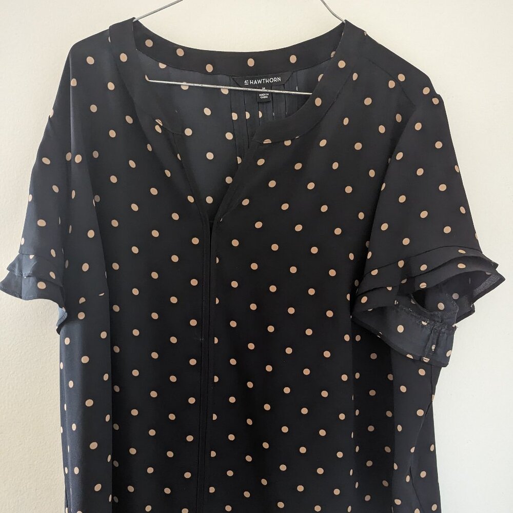 41 Hawthorn Women's Blouse 2X Black Tan Polka Dot Ruffle Short Sleeve
